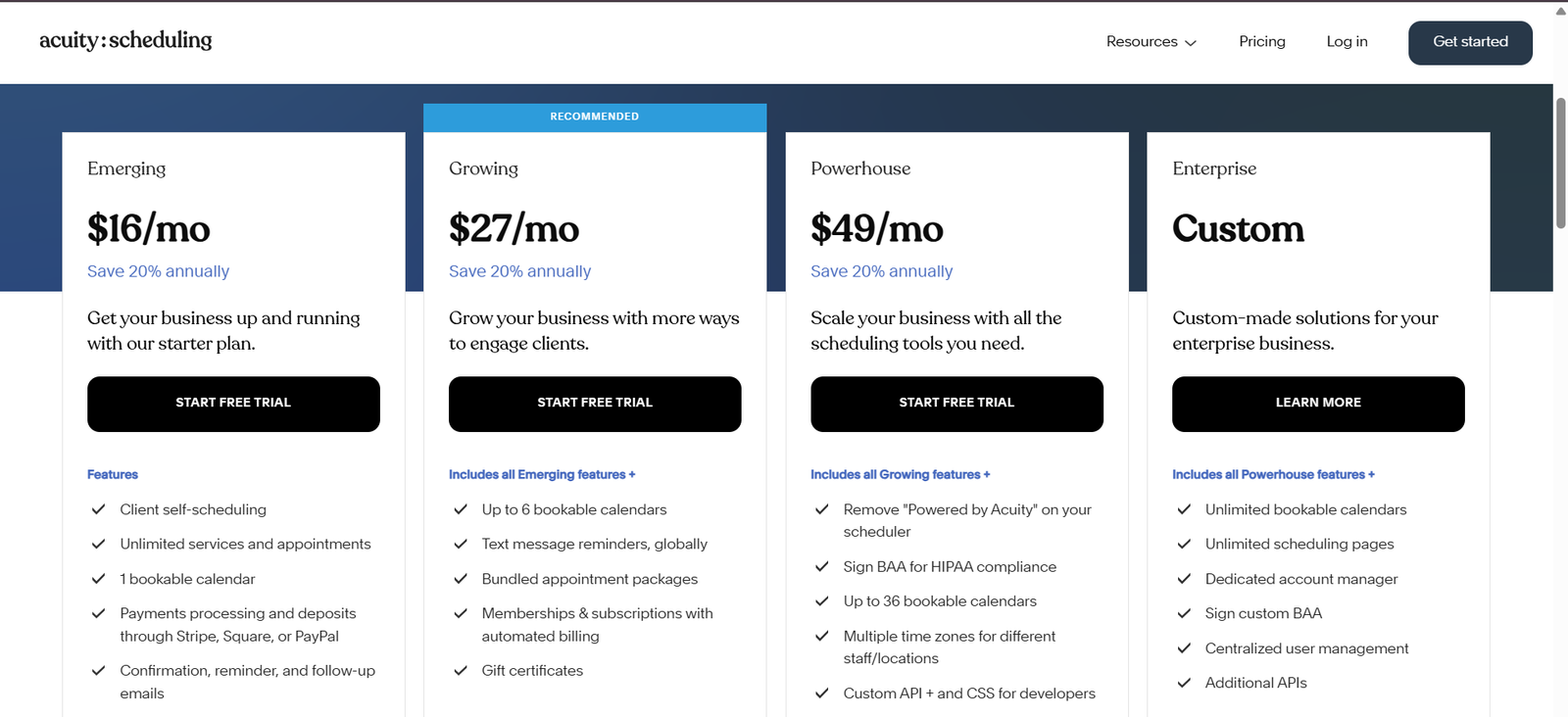 Acuity Scheduling offers a range of pricing plans tailored to different business needs