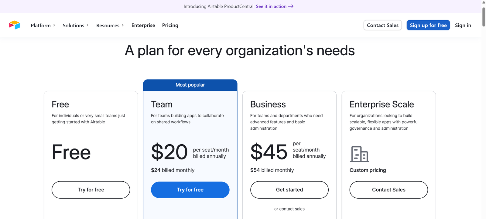 Airtable offers a range of pricing plans suited for different business needs