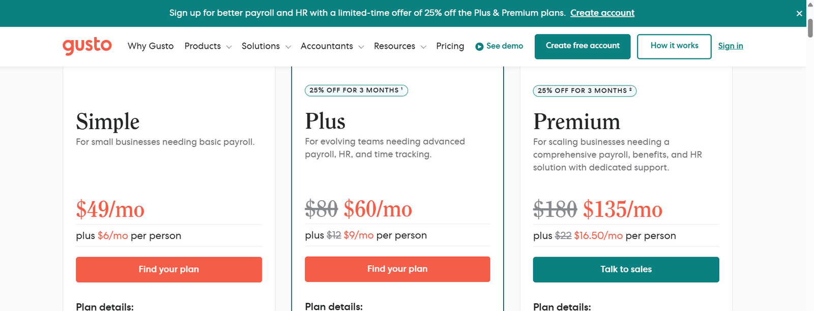 Gusto's pricing plans cater to businesses of all sizes