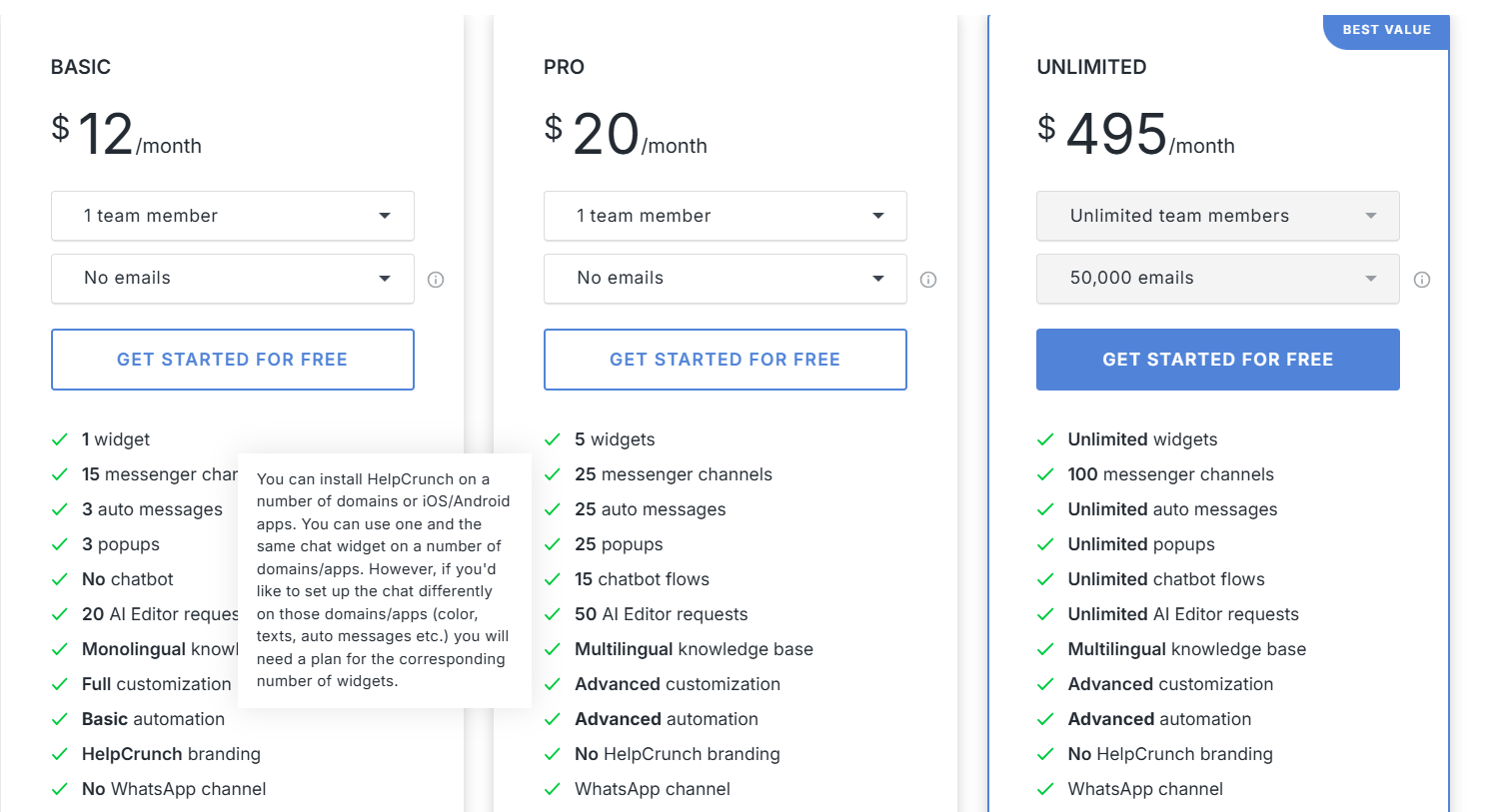 HelpCrunch's pricing is structured into three tiers to accommodate businesses of different sizes