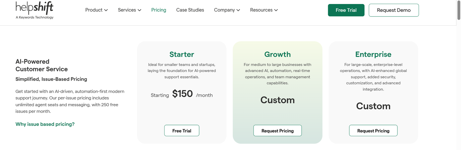 Helpshift’s pricing model is structured into three tiers