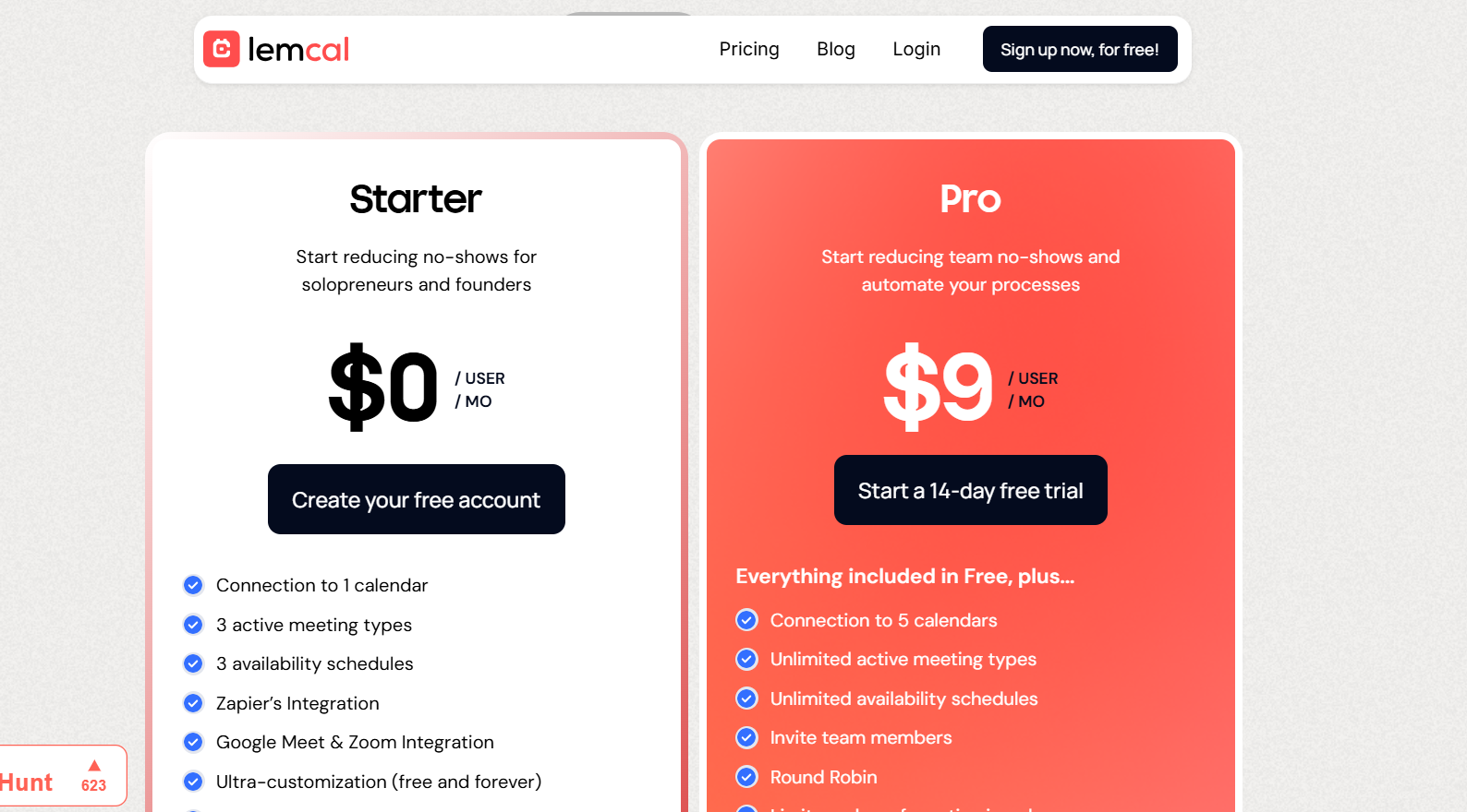 Lemcal provides a Free Starter plan that includes one calendar connection