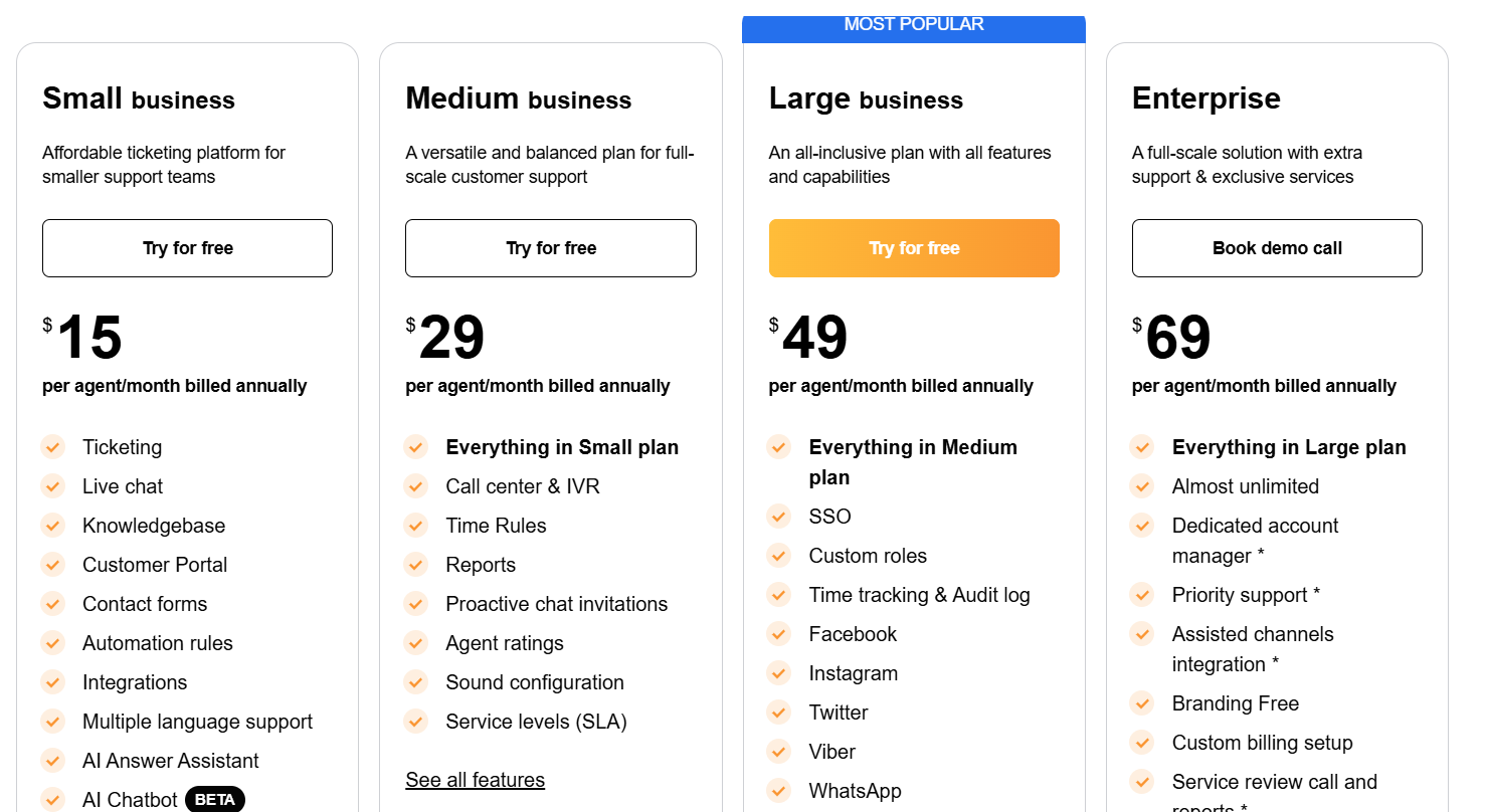 LiveAgent offers four pricing plans, catering to different business needs
