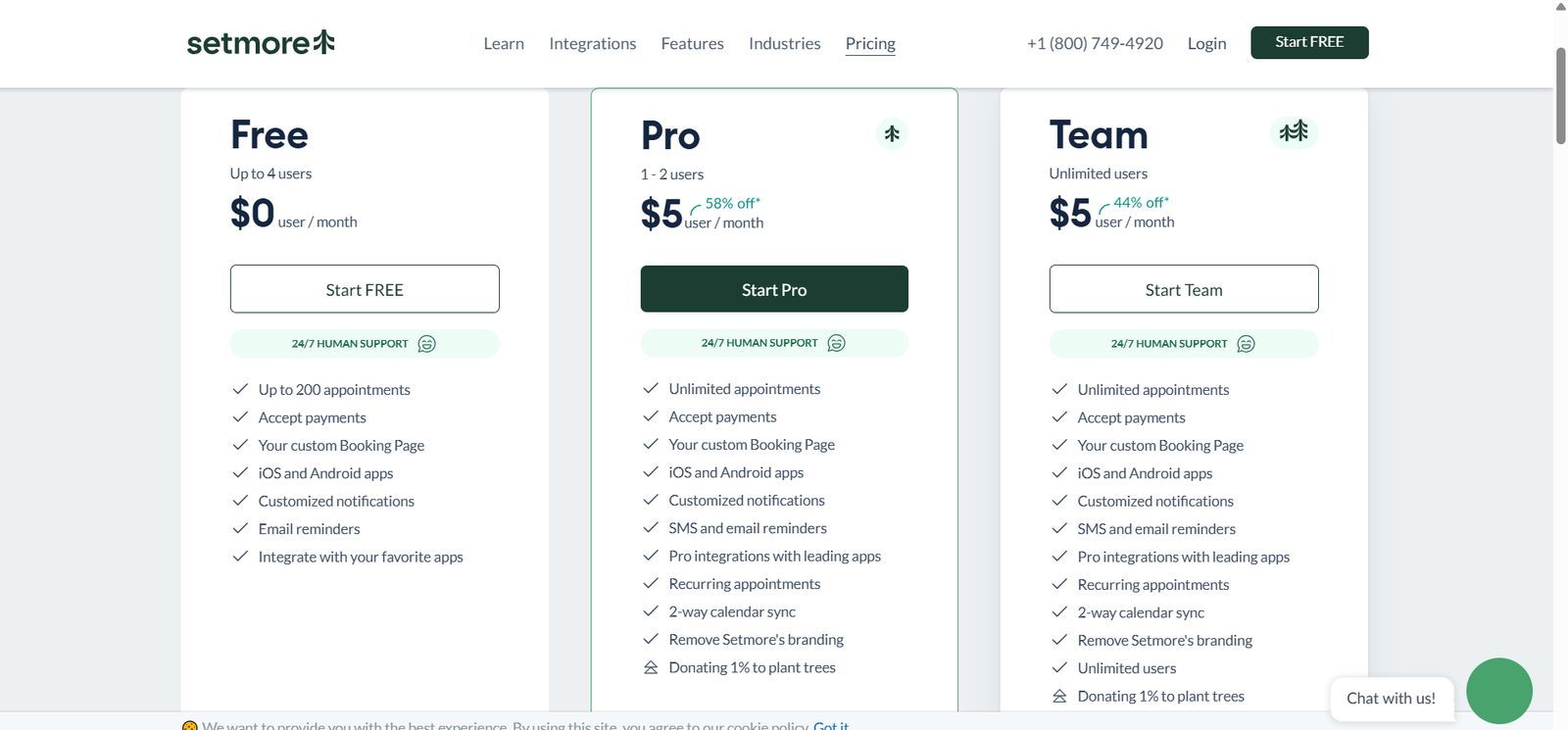 Setmore offers a Free plan with up to 4 users, 200 appointments per month