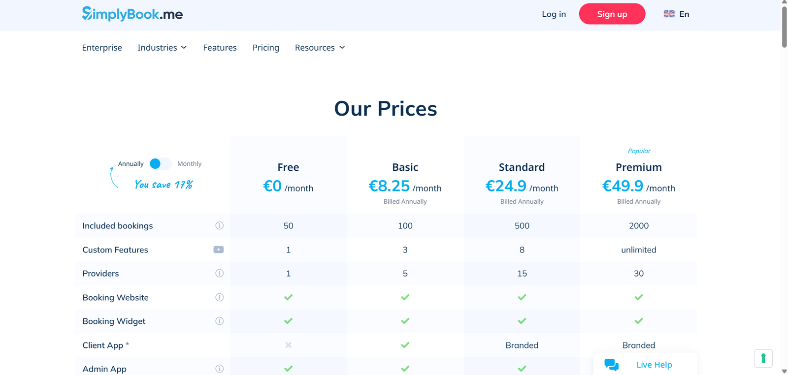 SimplyBook.me offers a Free plan that includes 50 appointments per month