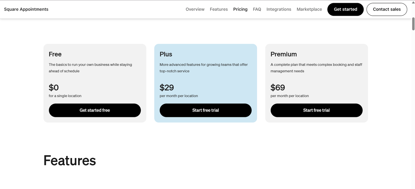 Square Appointments offers a Free plan for solo business owners