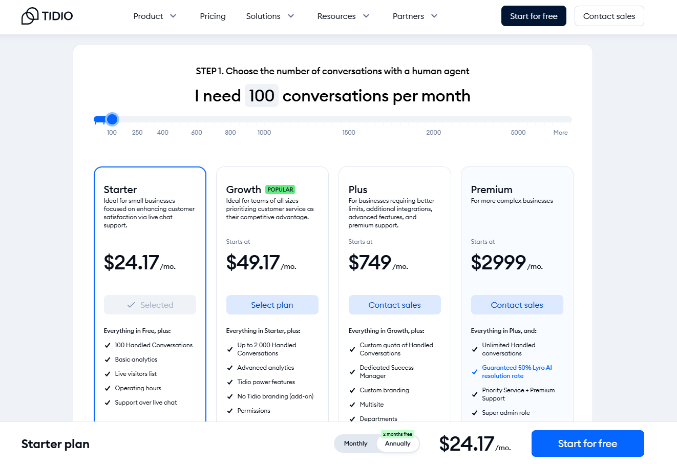 Tidio follows a tiered subscription model based on conversation volume and advanced feature access