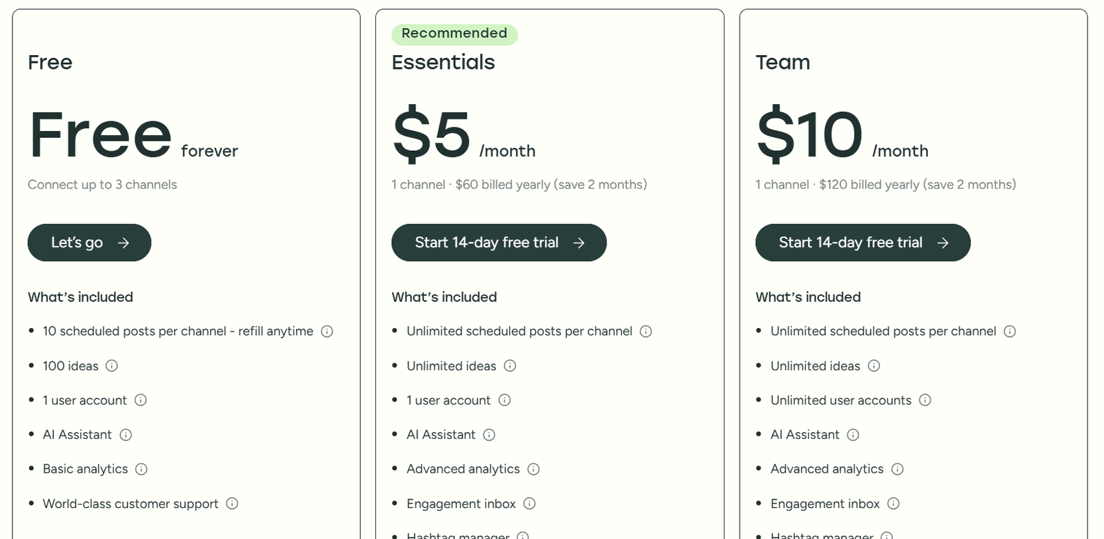 Buffer offers flexible pricing, starting with a free plan that includes three channels