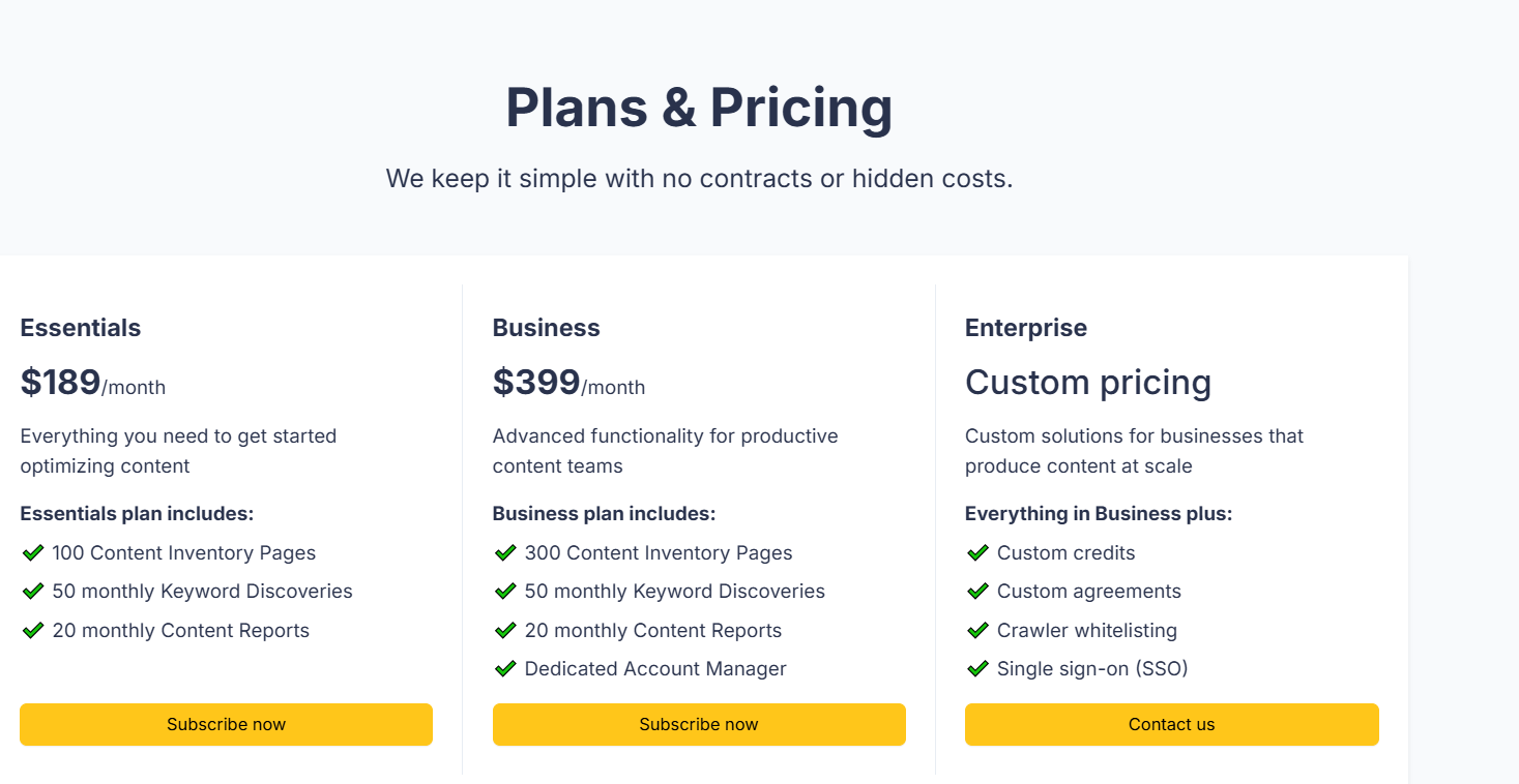 Clearscope offers three pricing plans to cater to different business needs