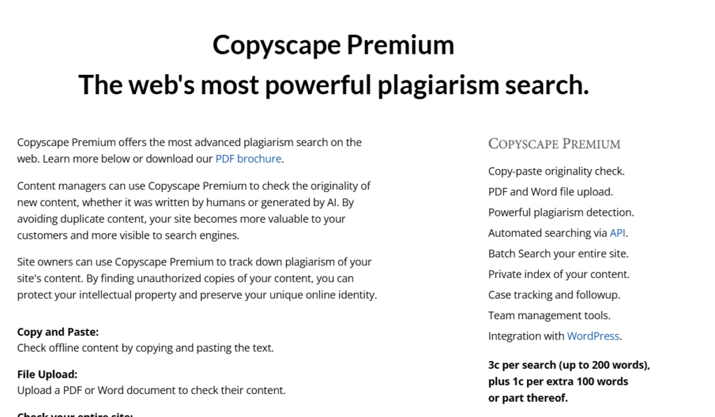 Copyscape operates on a pay-per-use model, making it an affordable choice for occasional