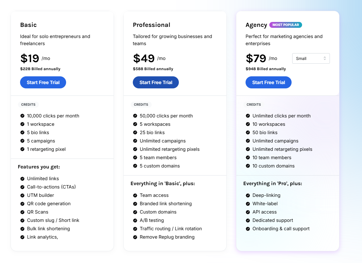 Replug follows a tiered pricing model to suit different business needs
