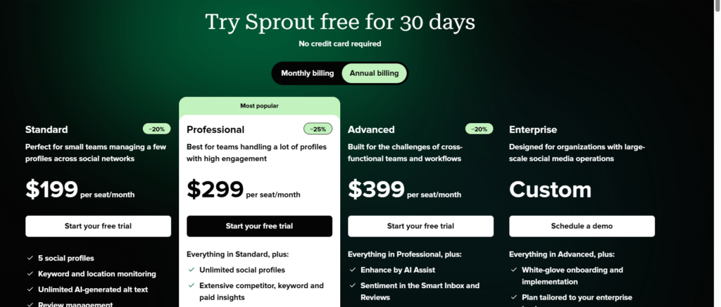 Sprout Social provides several pricing tiers